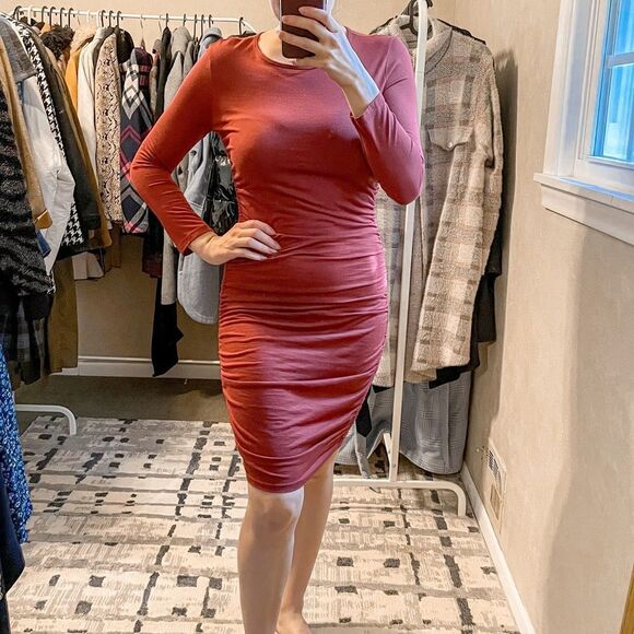 Theory Ruched Mini Dress Cider Red Fitted Bodycon S - Picture 10 of 10